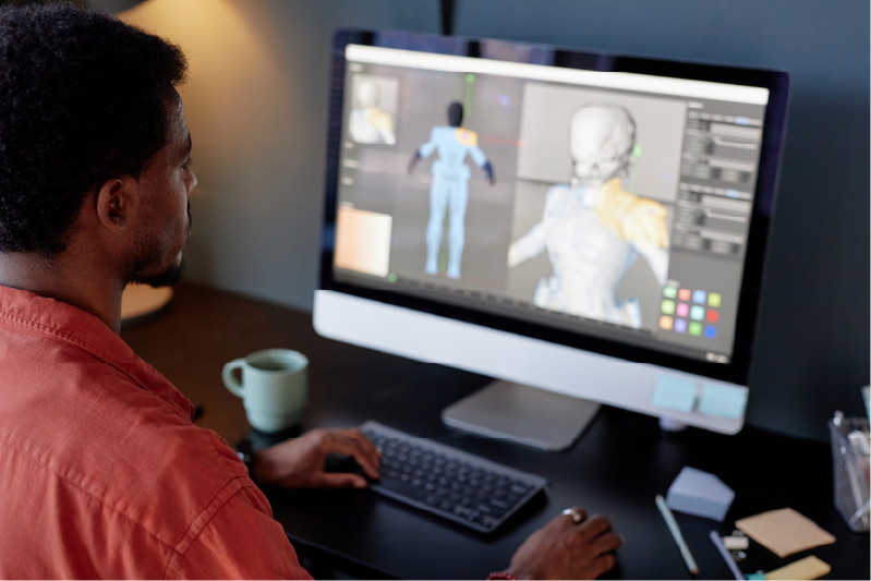 Workstation mit gerendertem 3D-Modell auf dem Bildschirm